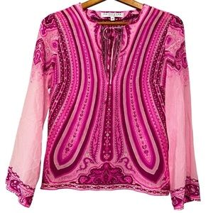 Trina Turk Silk Pink Boho Paisley Sheer Long Sleeve Blouse Size Small